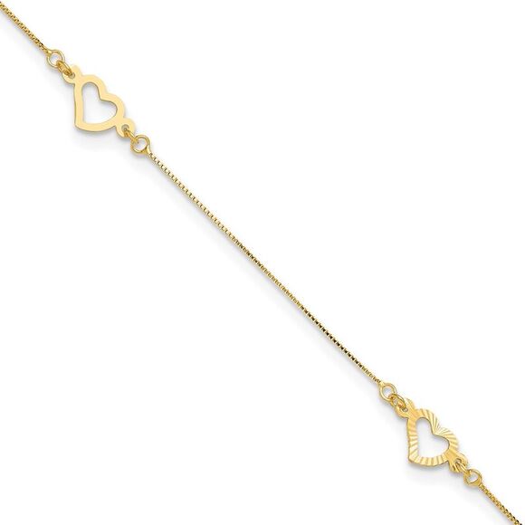 14k Yellow Gold Adjustable Fancy Heart 9in Plus 1in Ext. Anklet